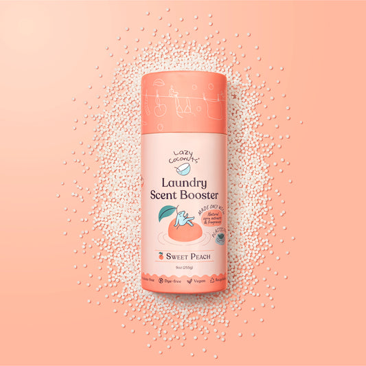 Lazy Coconuts peach scent booster powder, square hero banner layout, square composition