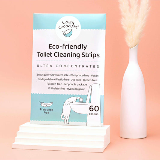 Lazy Coconuts Eco-Friendly Toilet Cleaning Strips box displayed on a white pedestal next to a white vase with dried pampas grass, set against a solid peach-pink background.