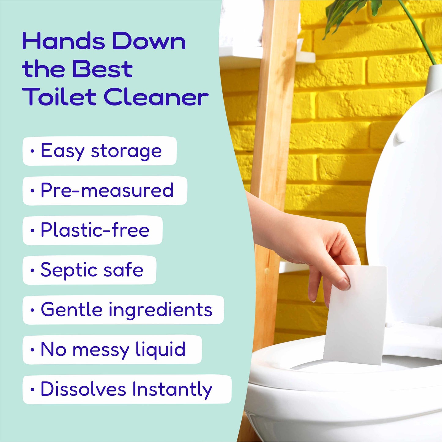 Promotional graphic for Lazy Coconuts toilet cleaner strips with text listing benefits like easy storage, pre-measured, plastic-free, septic safe, gentle ingredients, no messy liquid, and dissolves instantly. A hand is shown placing a white stick into a toilet next to a yellow brick wall.