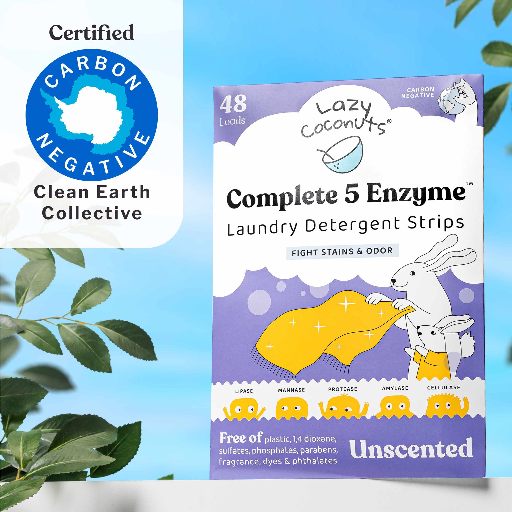 Lazy Coconuts Complete 5 Enzyme Laundry Detergent Strips Unscented 48-count pouch shown on a light blue background with decorative green leaves. A Certified Carbon Negative badge is visible on the left.