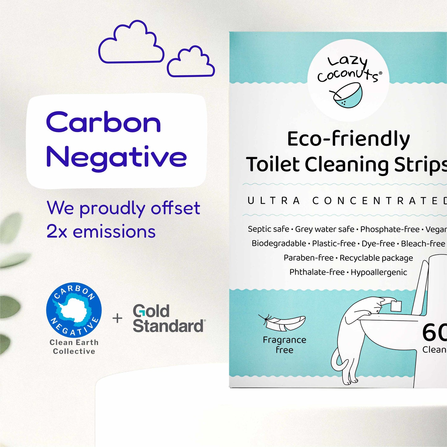 Lazy Coconuts Eco-Friendly Toilet Cleaning Strips packaging shown on a clean white background, alongside promotional text reading 'Carbon Negative' and a Gold Standard certification badge.