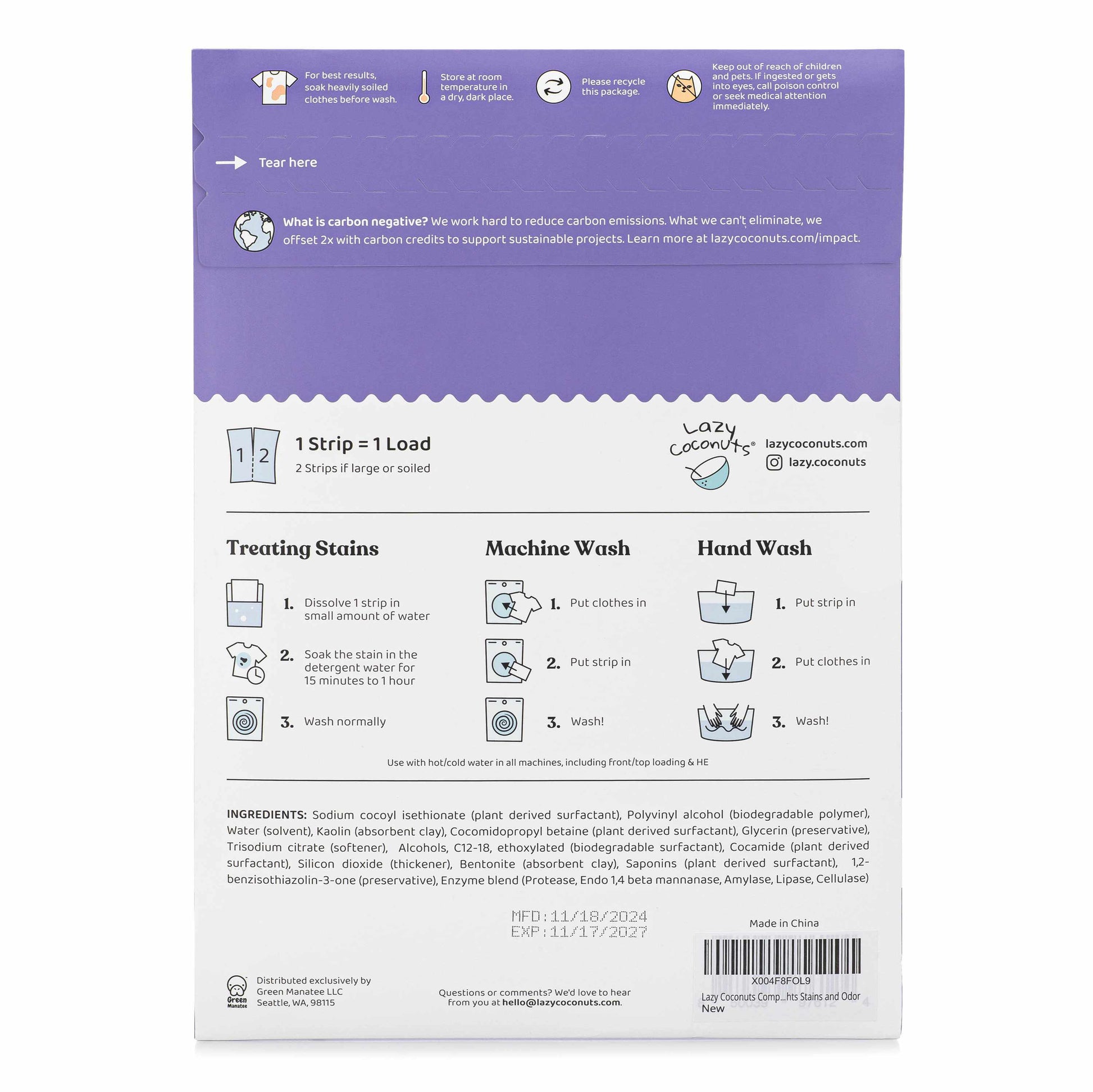 The back of a Lazy Coconuts Complete 5 Enzyme laundry strip package, showing tear instructions, care symbols, a stain treatment guide, machine wash and hand wash instructions, and a barcode on a white background with a purple header.