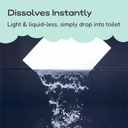 A promotional graphic for a toilet cleaning strips. The top features a light teal banner with the text 'Dissolves Instantly' and 'Light & liquid-less, simply drop into toilet'.