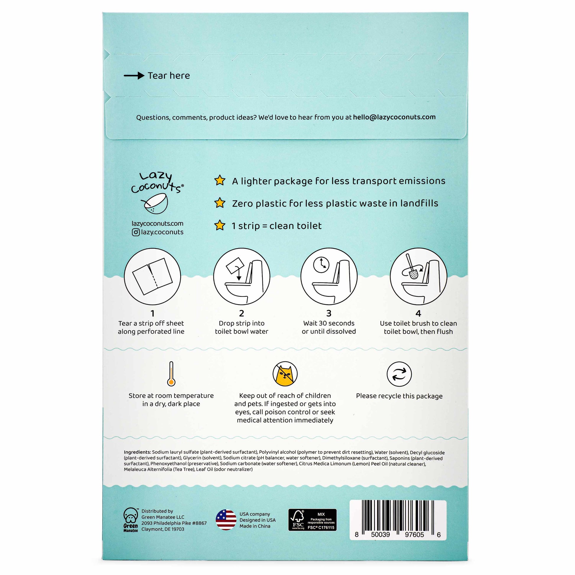 The back of a Lazy Coconut toilet cleaning strips package, featuring product information, environmental benefits, usage instructions, and a barcode on a light teal and white background.