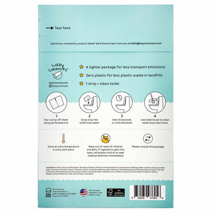The back of a Lazy Coconut toilet cleaning strips package, featuring product information, environmental benefits, usage instructions, and a barcode on a light teal and white background.