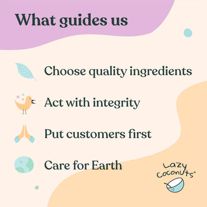 A digital graphic with the heading 'What guides us' above four bullet points: 'Choose quality ingredients,' 'Act with integrity,' 'Put customers first,' and 'Care for Earth.' Decorative pastel shapes and small icons including a leaf, bird, hands, and globe are used.