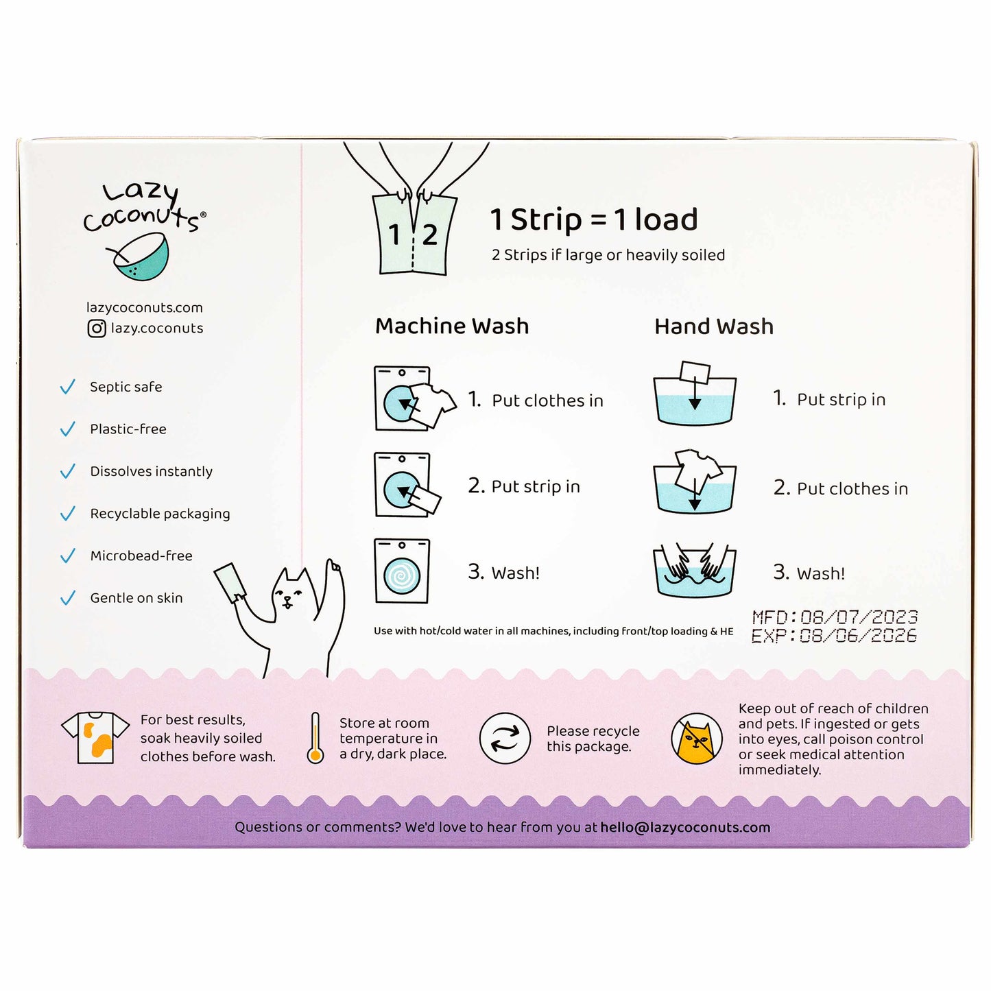 A flat printed care and usage card for Lazy Coconuts laundry detergent strips 100 loads, showing how many strips equal one load, plus machine wash and hand wash instructions with illustrated steps. The card is mostly white with lavender accents and small icons.