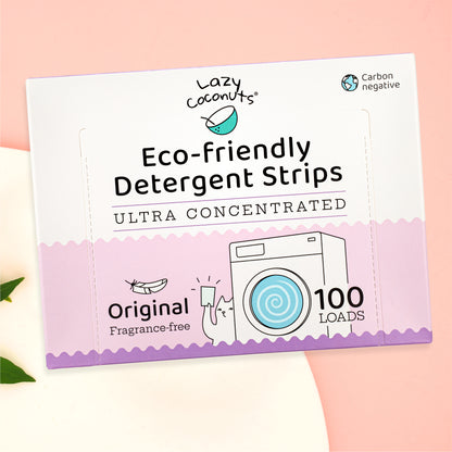 Lazy Coconuts laundry detergent strips, 100 loads, front of box on color backdrop