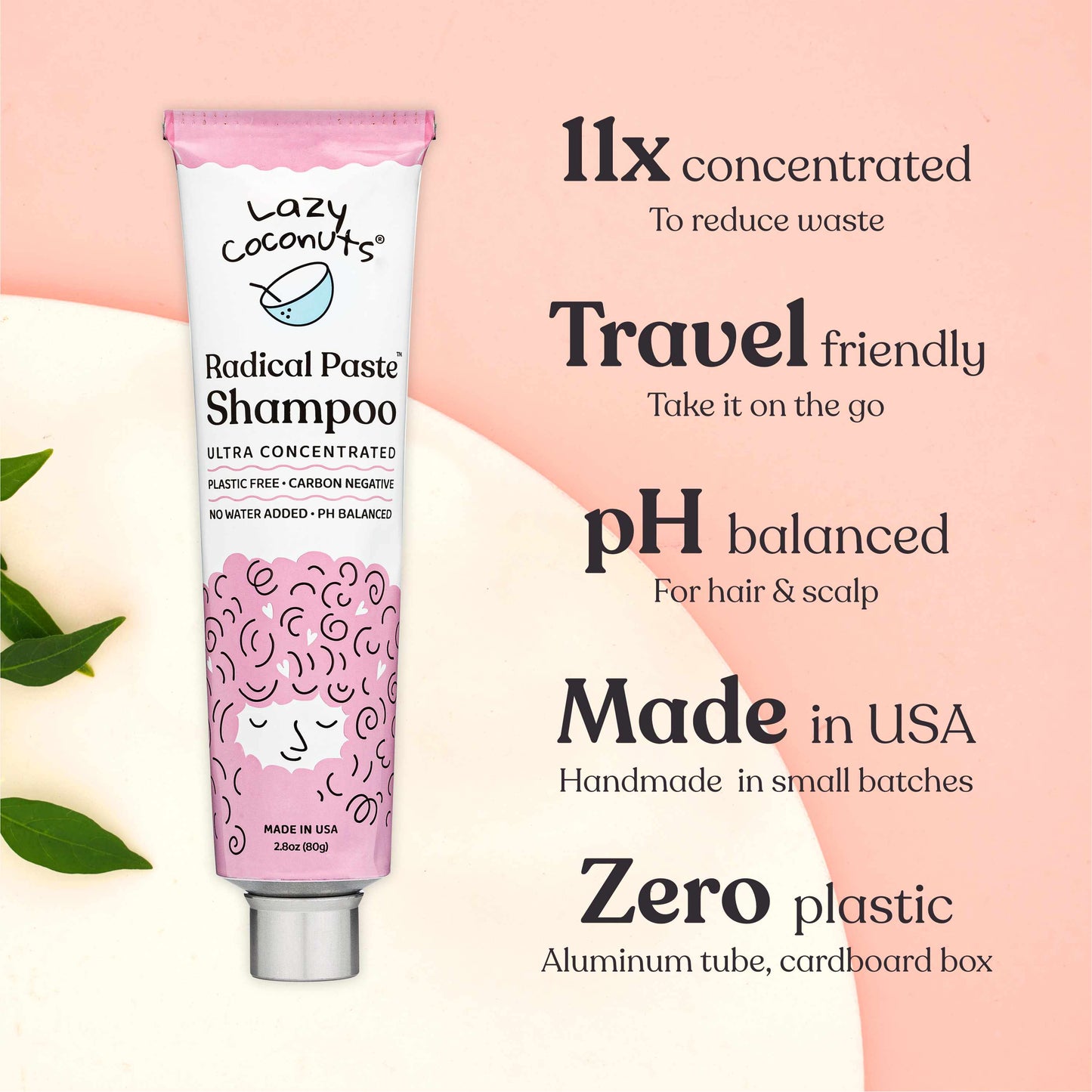 A tube of Lazy Coconuts Radical Paste Shampoo stands on a light cream background with a pink and white graphic layout and marketing text on the right. The tube is white with pink and lavender swirl patterns and a silver cap.