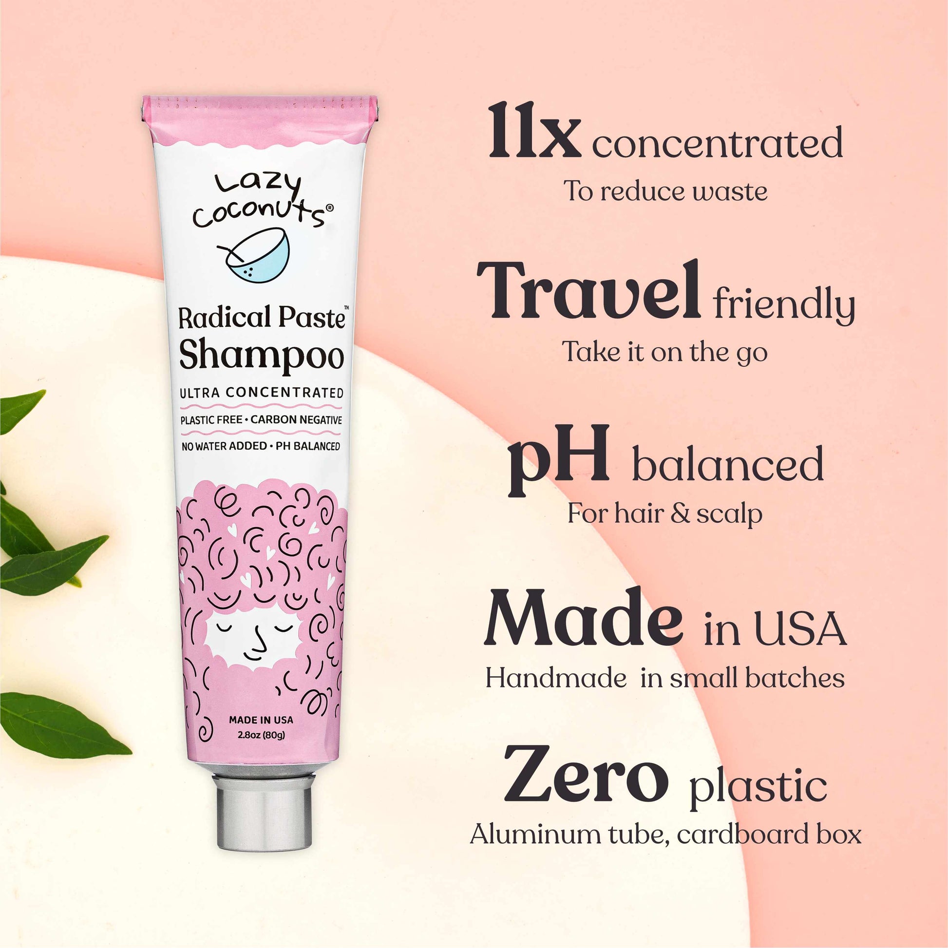 A tube of Lazy Coconuts Radical Paste Shampoo stands on a light cream background with a pink and white graphic layout and marketing text on the right. The tube is white with pink and lavender swirl patterns and a silver cap.