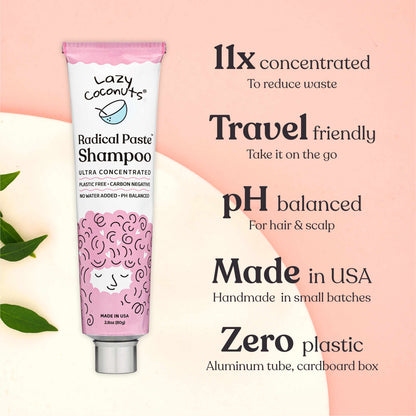 A tube of Lazy Coconuts Radical Paste Shampoo stands on a light cream background with a pink and white graphic layout and marketing text on the right. The tube is white with pink and lavender swirl patterns and a silver cap.
