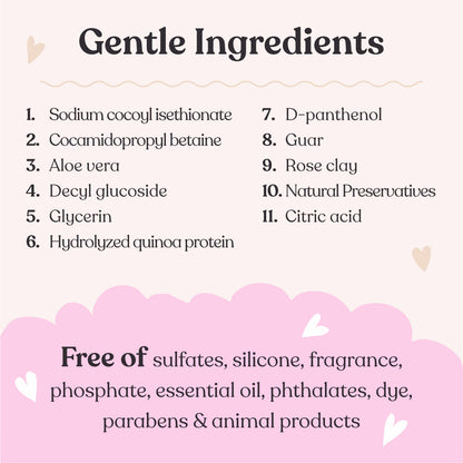 A text-based ingredient list graphic titled 'Gentle Ingredients' on a pale pink background, listing 11 ingredients and noting it is free of sulfates, silicone, fragrance, phosphate, essential oil, phthalates, dye, parabens, and animal products.