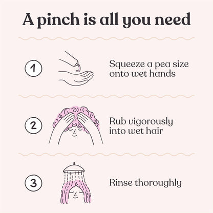 Instructional graphic titled 'A pinch is all you need' showing three steps for applying Lazy Coconuts Radical Paste Shampoo to hair: squeeze a pea size onto wet hands, rub vigorously into wet hair, and rinse thoroughly, with simple line drawings and text on a pale pink background.