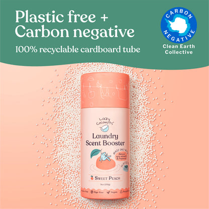 peach scent booster powder, plastic-free badge, free-of ingredients panel, carbon-negative badge