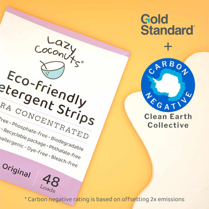 Lazy Coconuts eco-friendly detergent strips packaging with Gold Standard and Clean Earth Collective logos on a yellow background.
