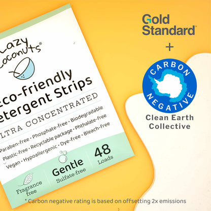 Lazy Coconuts eco-friendly detergent strips packaging shown at an angle on a yellow and cream background, alongside a Gold Standard + Carbon Negative Clean Earth Collective certification badge.