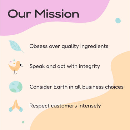 A digital graphic with the heading 'Our Mission' on a pastel abstract background. Below, four bullet points with simple icons read: 'Obsess over quality ingredients,' 'Speak and act with integrity,' 'Consider Earth in all business choices,' and 'Respect customers intensely.