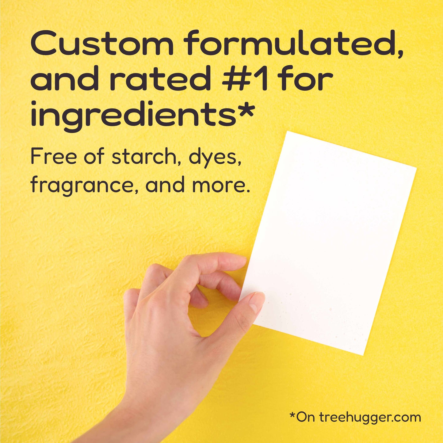 A hand holds a detergent strip against a bright yellow background with promotional text about custom formulated ingredients and a note that it is free of starch, dyes, fragrance, and more. Small text at the bottom reads *On treehugger.