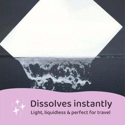 laundry detergent strips, 100 loads, strip dissolving instantly in water, instant dissolve demonstration
