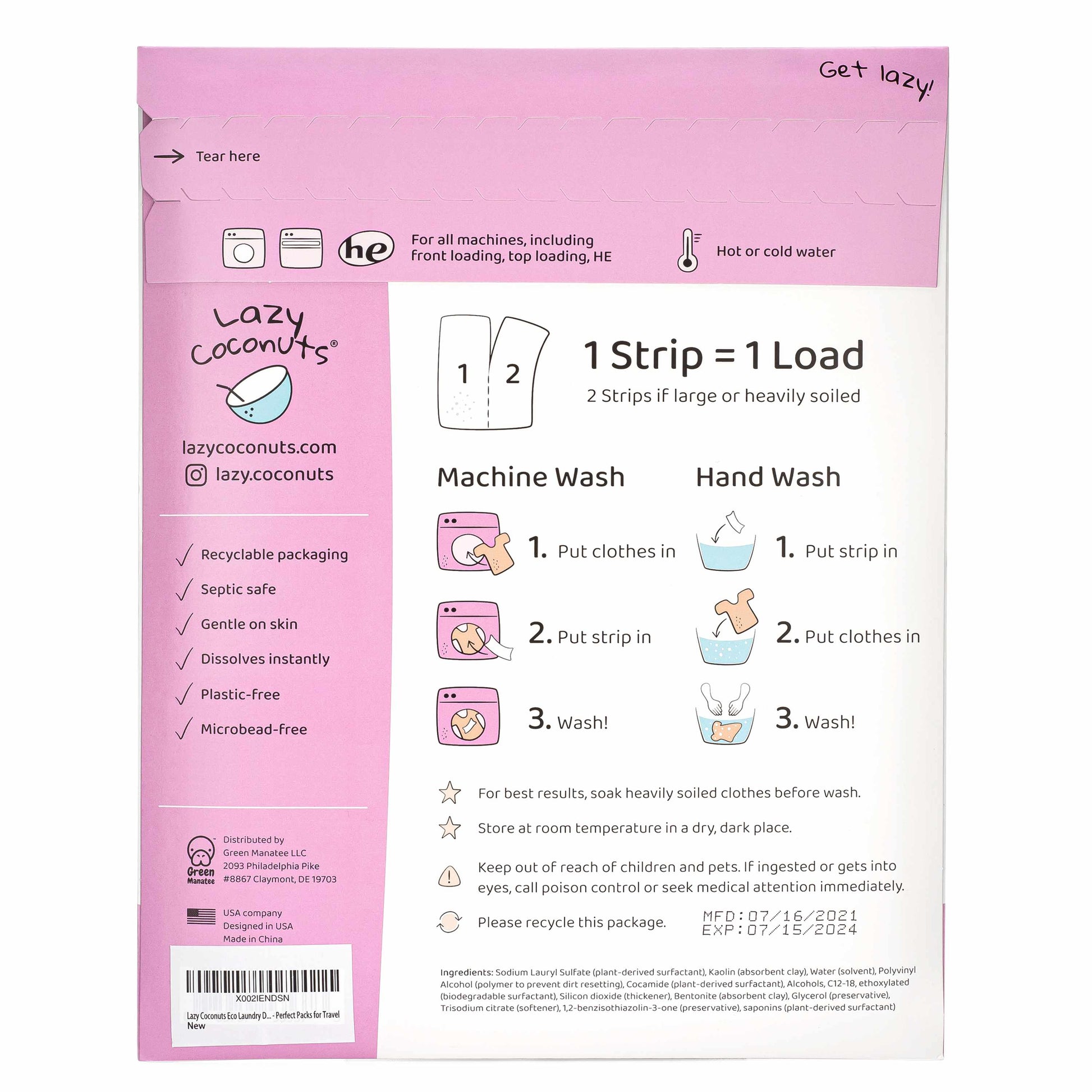 The back of a Lazy Coconuts laundry bag packaging, showing instructions for machine wash and hand wash, along with care icons and a barcode.