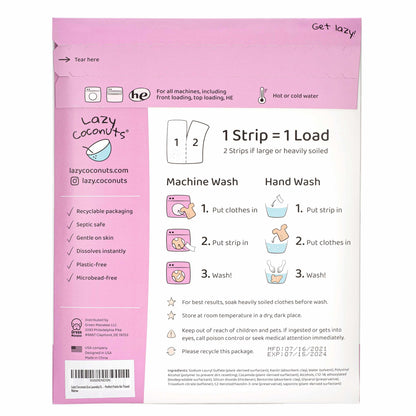 The back of a Lazy Coconuts laundry bag packaging, showing instructions for machine wash and hand wash, along with care icons and a barcode.