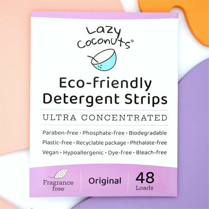 Lazy Coconuts Eco-friendly Detergent Strips Ultra Concentrated package, featuring a white box with lavender and purple accents, set against a pastel multicolor background.