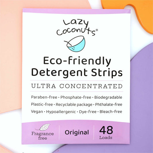 Lazy Coconuts Eco-friendly Detergent Strips Ultra Concentrated package, featuring a white box with lavender and purple accents, set against a pastel multicolor background.