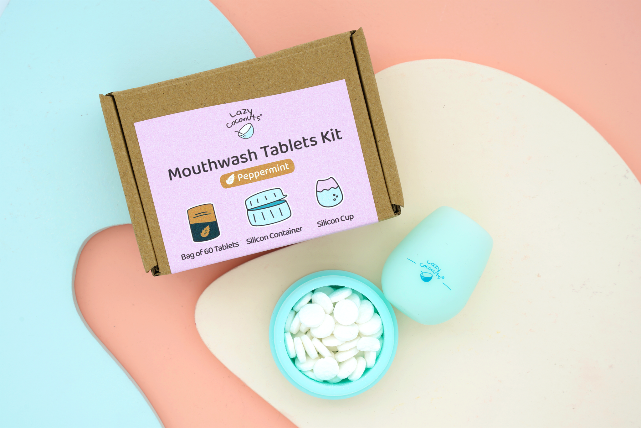 Lazy coconuts mouthwash tablet kit with silicon cup and container