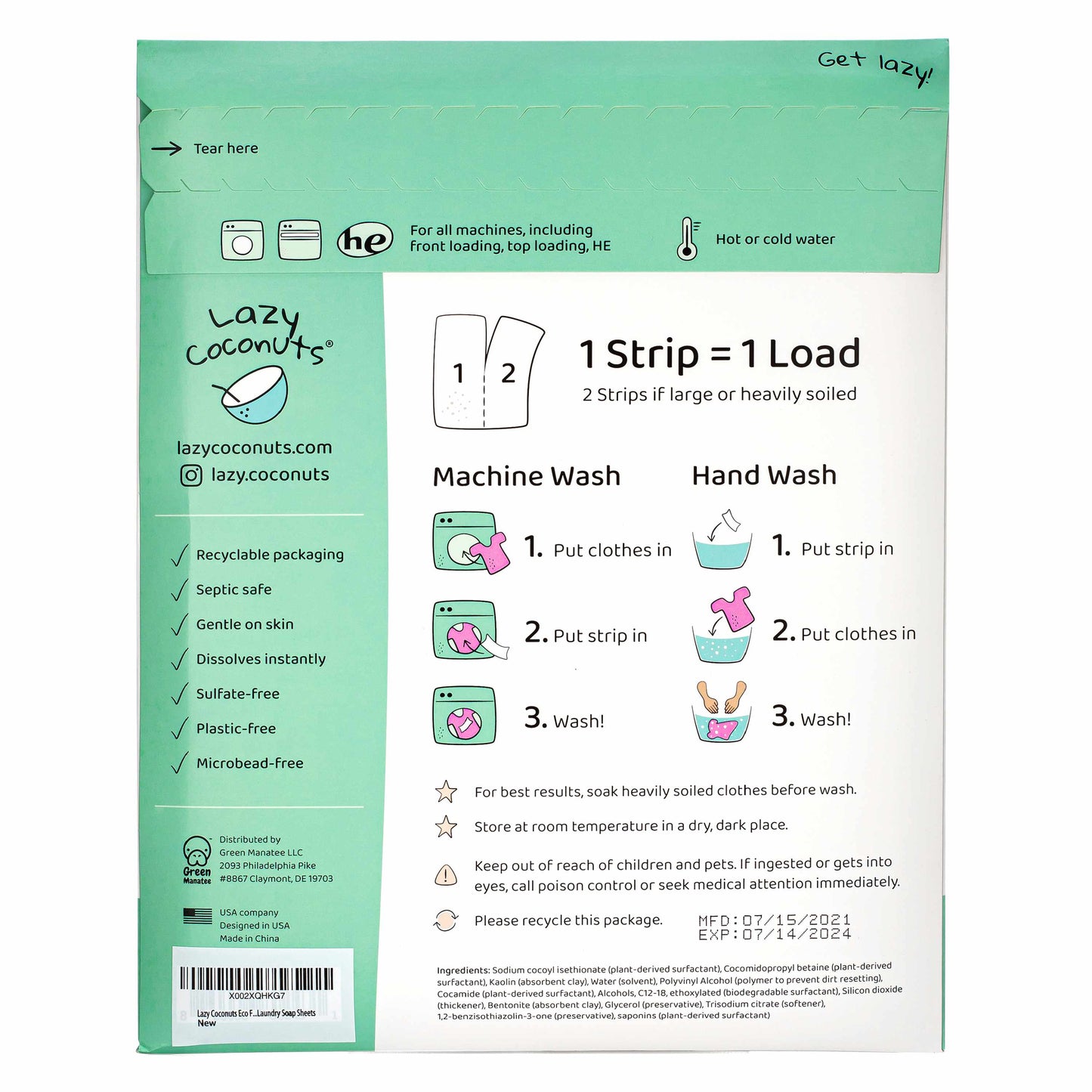 The back of a Lazy Coconuts Gentle laundry strip package, showing instructions for machine wash and hand wash, along with care icons and recycling information on a mint green and white background.