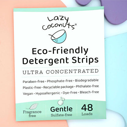 Lazy Coconuts Gentle Eco-friendly Detergent Strips packaging, showing a white and mint green box with text details and a 48 count, styled on pastel-colored background blocks.