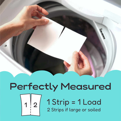 A person holds a detergent strip in front of an open washing machine. The lower portion has a turquoise graphic with the text 'Perfectly Measured', '1 Strip = 1 Load', and '2 Strips if large or soiled', plus a simple diagram showing two strips labeled 1 and 2.