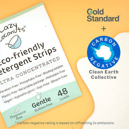 sulfate-free, gentle laundry detergent strips, carbon-negative badge