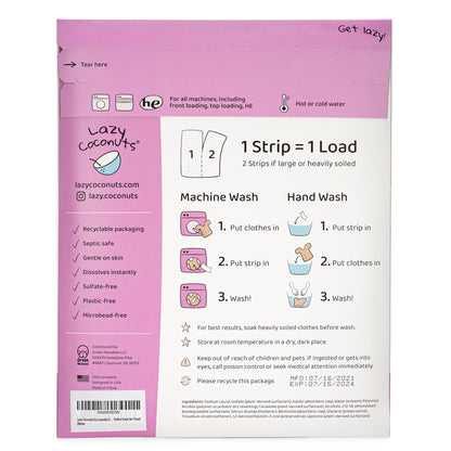 Lazy Coconuts original laundry detergent strips, back of packaging with details